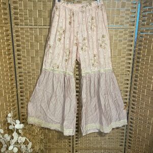 Light Pink Boho Bell Bottom Pants with Sequin Embroidery